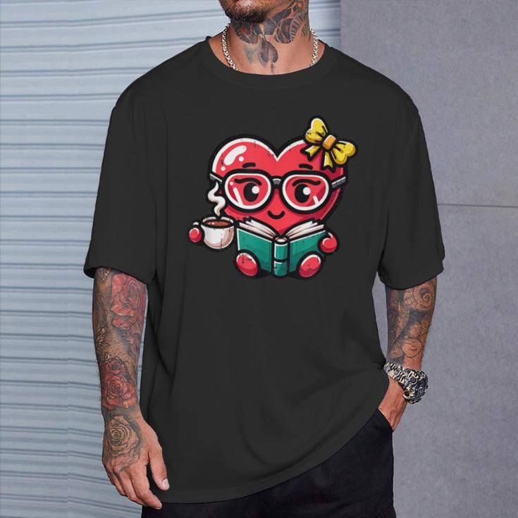 Book Coffee Valentines Cute Heart Lover Women Girl T-Shirt Gifts for Him
