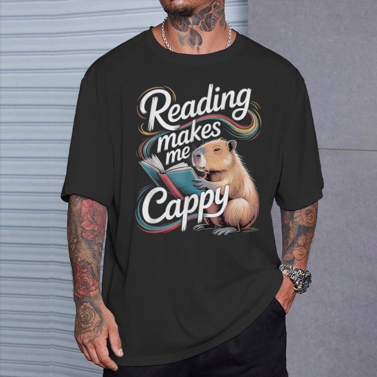 Book Lover Reading Makes Me Cappy Pun Capybara Reading T-Shirt Gifts for Him