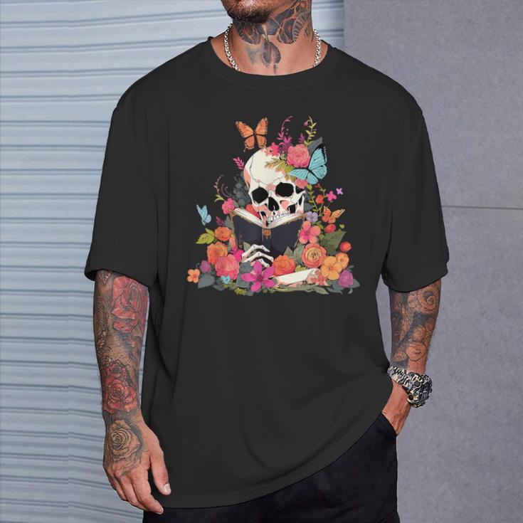 Book Reading Skull Skeleton Flowers Floral Bookish Butterfly T-Shirt Gifts for Him