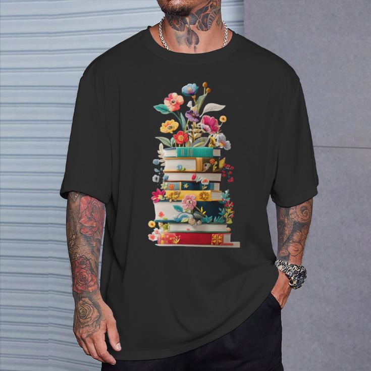 Book Stack With Flowers Reading Lover Bookish T-Shirt Gifts for Him
