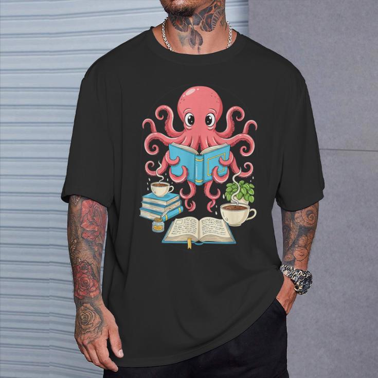 Bookish Octopus Reading Books And Coffee Literary Lover Art T-Shirt Gifts for Him