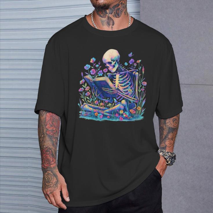 Bookish Skeleton Reading In Wildflowers Book Lover Bookworm T-Shirt Gifts for Him