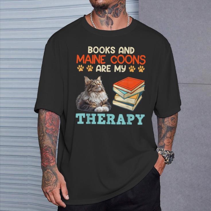 BOOKS AND MAINE COONS ARE MY THERAPY Main Coon T-Shirt Gifts for Him BOOKS AND MAINE COONS ARE MY THERAPY Main Coon T-Shirt Gifts for Him