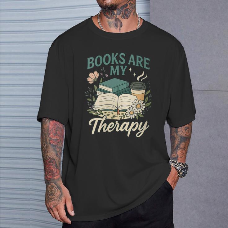 Books Are My Therapy Cozy Book Lover Reading & Coffee T-Shirt Gifts for Him