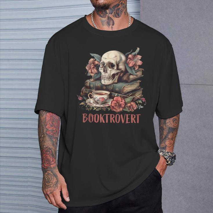 Booktrovert Skull Books Tea Flower Gothic Bookworm Bookish T-Shirt Gifts for Him