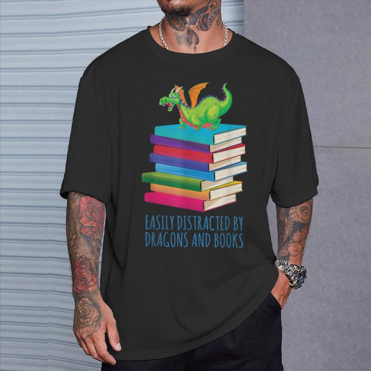 Bookworm Easily Distracted By Dragons And Books Reader T-Shirt Gifts for Him