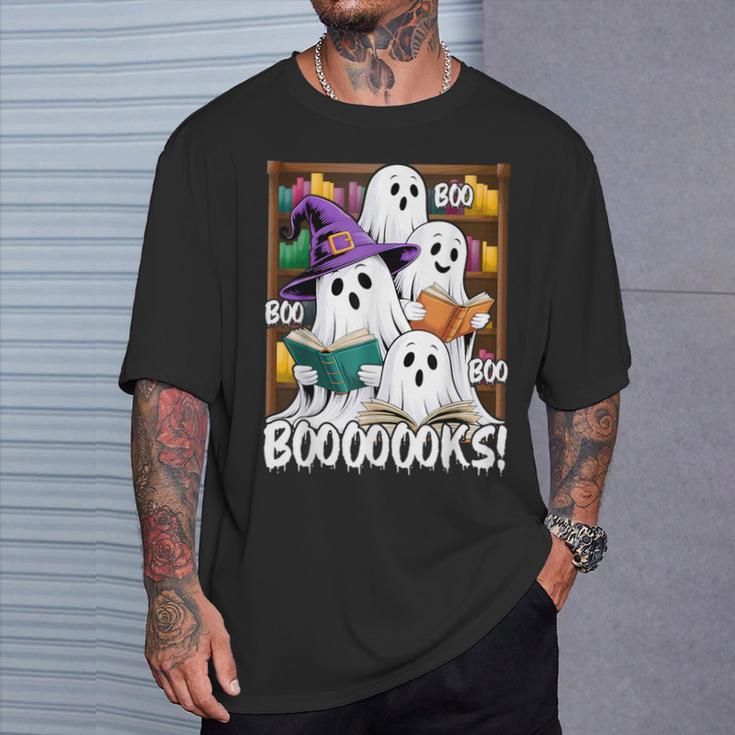 Boooks Ghosts Reading Book Retro Halloween Teacher Librarian T-Shirt Gifts for Him Boooks Ghosts Reading Book Retro Halloween Teacher Librarian T-Shirt Gifts for Him