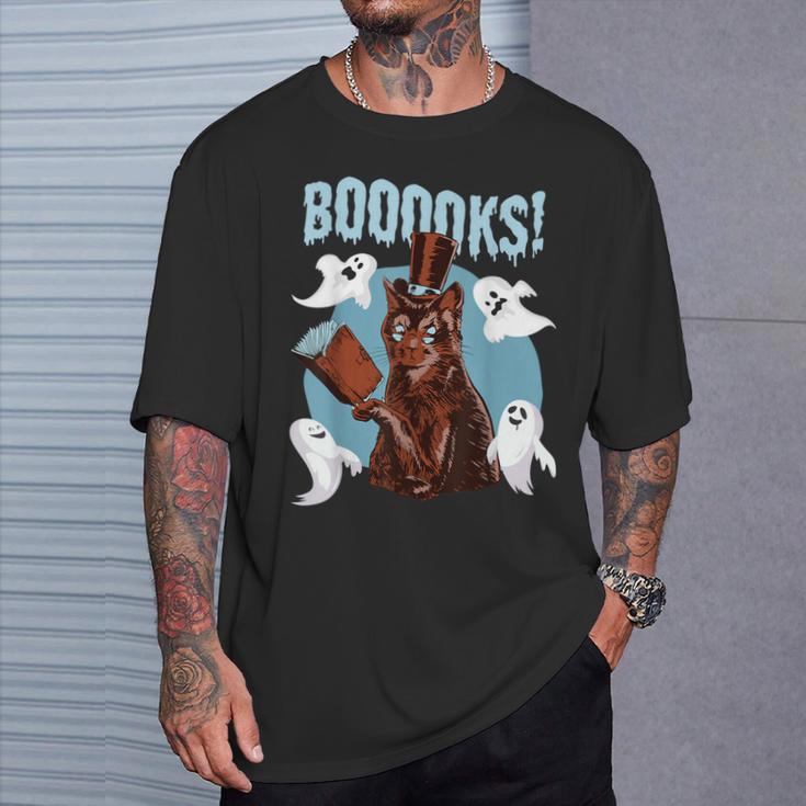 Booooks Cat Reading Book Ghosts Halloween Librarian Teacher For Men Women Kids T-Shirt Gifts for Him