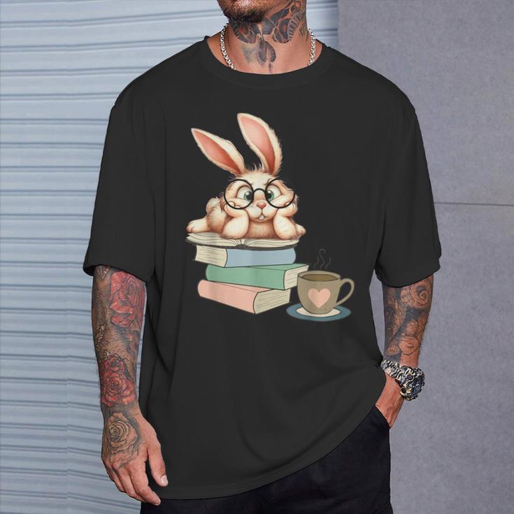 Bunny With Books And Coffee Reading Booknerd Bookish Easter T-Shirt Gifts for Him