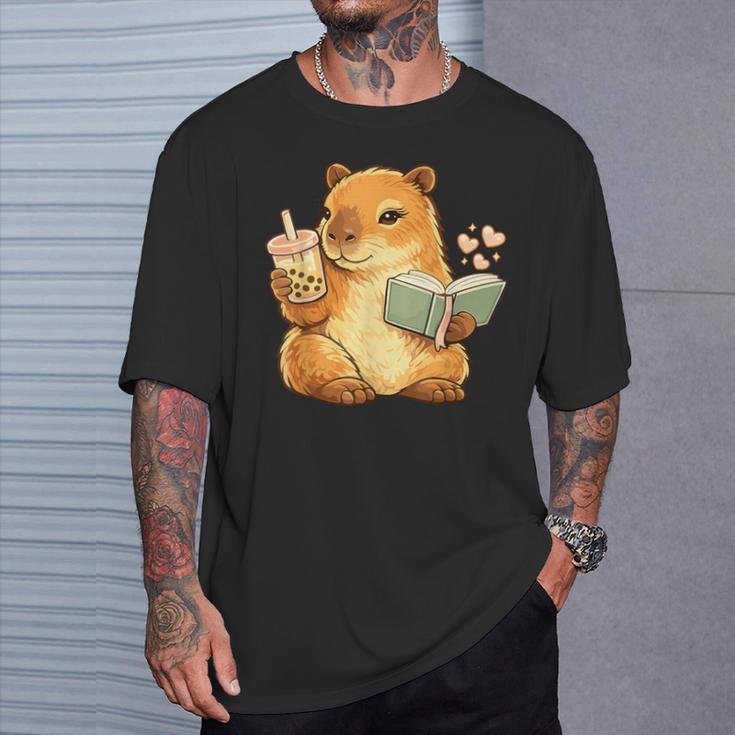 Capybara Reading a Book With Bubble Tea T-Shirt Gifts for Him