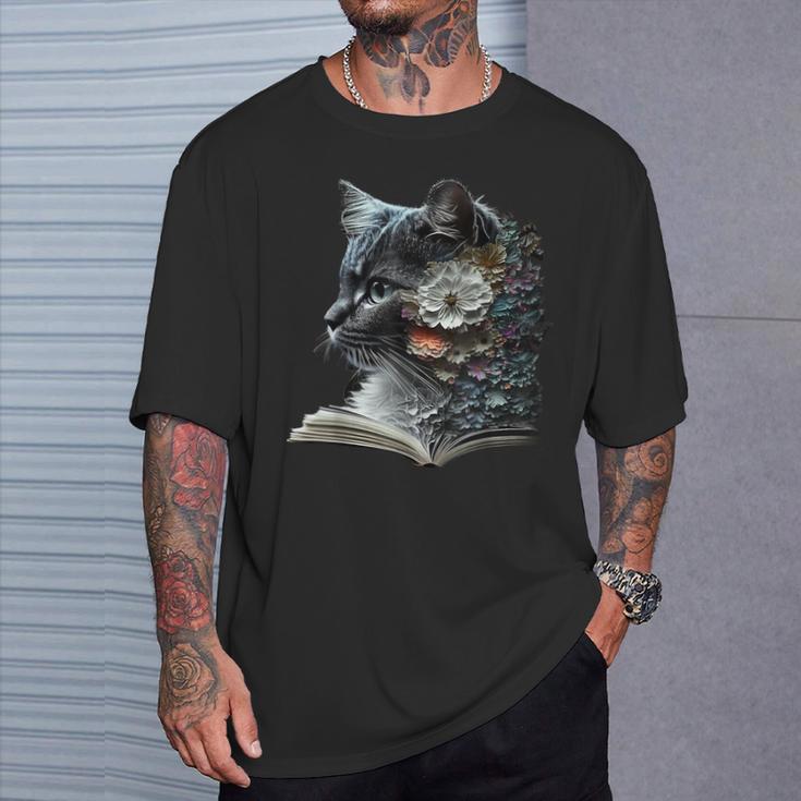Cat Art Book Cat Motif Flowers Cat T-Shirt Gifts for Him
