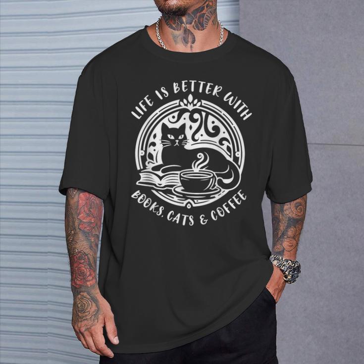 Cat Book And Coffee Make Life Beautiful Cat Mum T-Shirt Gifts for Him Cat Book And Coffee Make Life Beautiful Cat Mum T-Shirt Gifts for Him