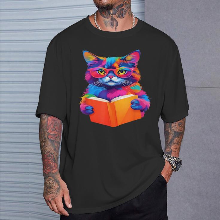 Cat Book Shirt Colorful Cat Reading Book T-Shirt Gifts for Him