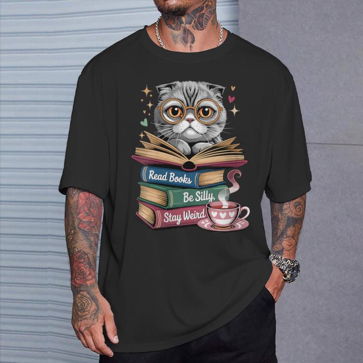 Cat Read Books Be Kind Stay Weird Library Book Lover T-Shirt Gifts for Him