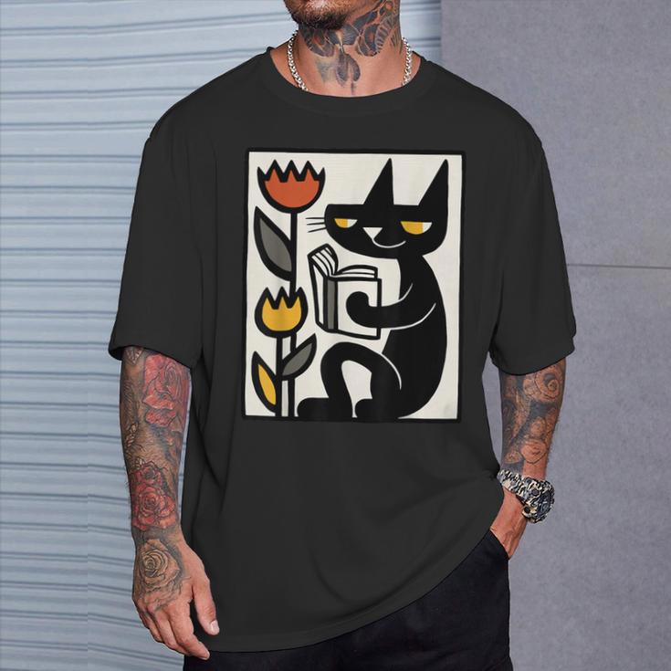 Cat Reading Book Folk Art Cozy Illustration T-Shirt Gifts for Him Cat Reading Book Folk Art Cozy Illustration T-Shirt Gifts for Him