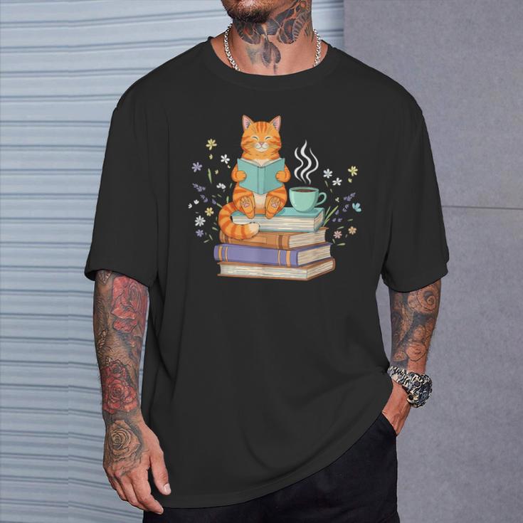 Cat Reading Book Lover Coffee Books Teacher Librarian Cat T-Shirt Gifts for Him
