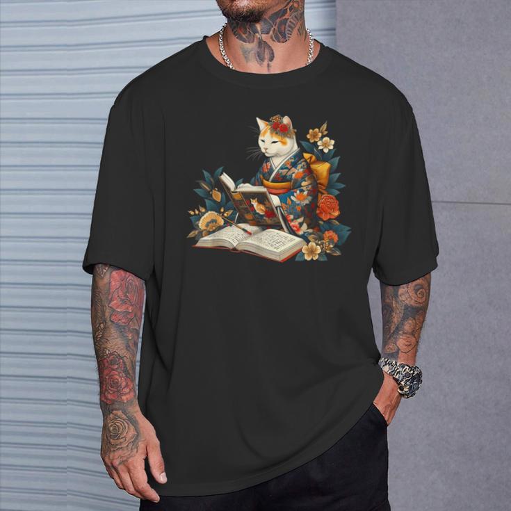 Cat Reading A Book In Traditional Japanese Clothing Kimono T-Shirt Gifts for Him