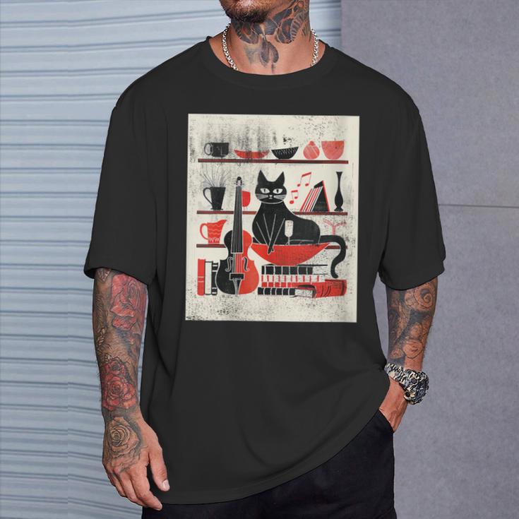 Cats Music Books Lover Essentials Red Retro Silkscreen T-Shirt Gifts for Him