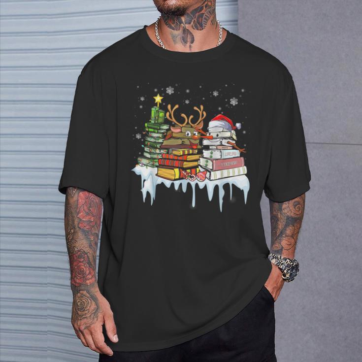 Christmas Tree Snowman Reindeer Book Stack Librarian T-Shirt Gifts for Him