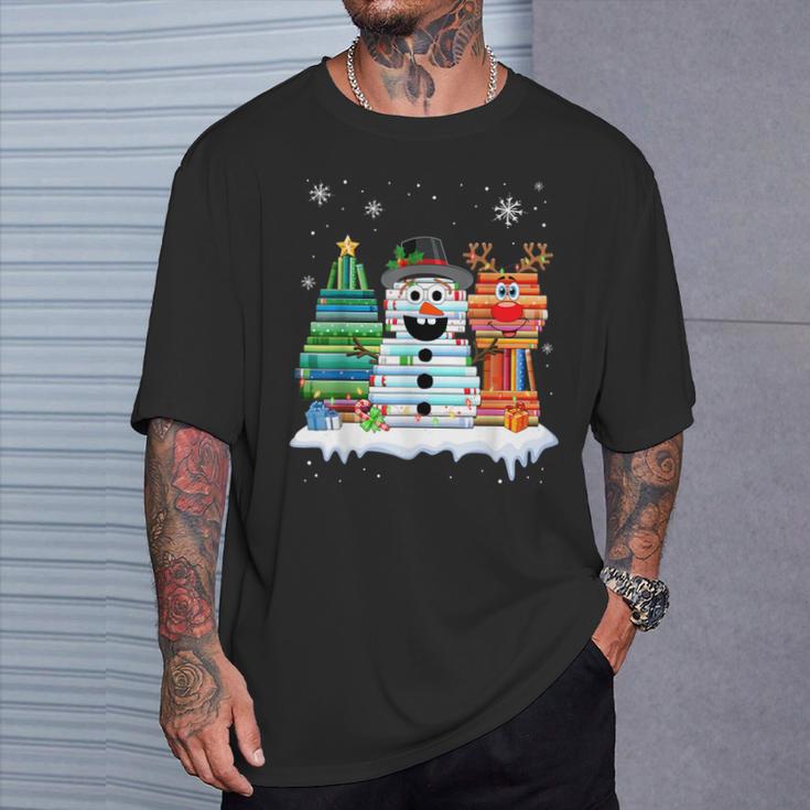 Christmas Tree Snowman Reindeer Book Stack Tee Librarian T-Shirt Gifts for Him Christmas Tree Snowman Reindeer Book Stack Tee Librarian T-Shirt Gifts for Him