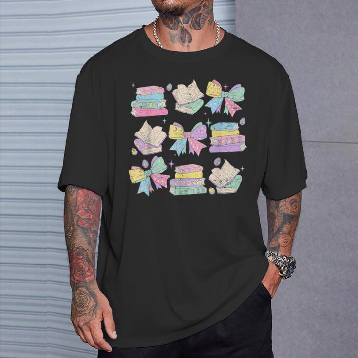 Coquette Bunny Bow Rabbit Teacher Books Easter Retro T-Shirt Gifts for Him
