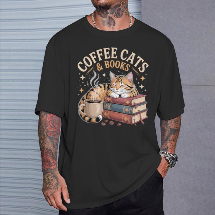 Cozy Reading Cat Coffee And Books Lover Artwork T-Shirt Gifts for Him