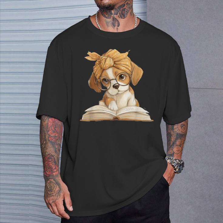 Cute Beagle Puppy Reading Book Lover Dog Animal Graphic T-Shirt Gifts for Him