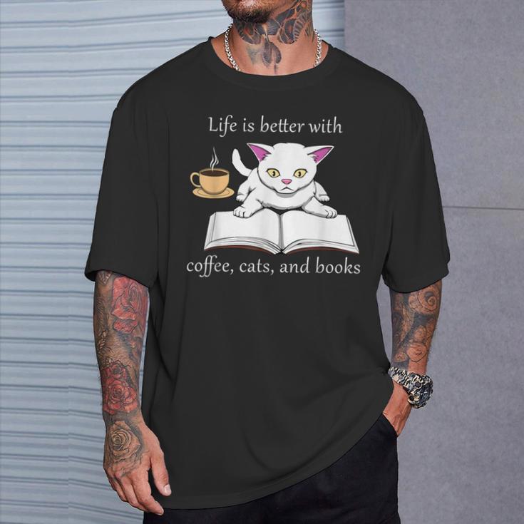 Cute Cat Book Reading Coffee T-Shirt Gifts for Him