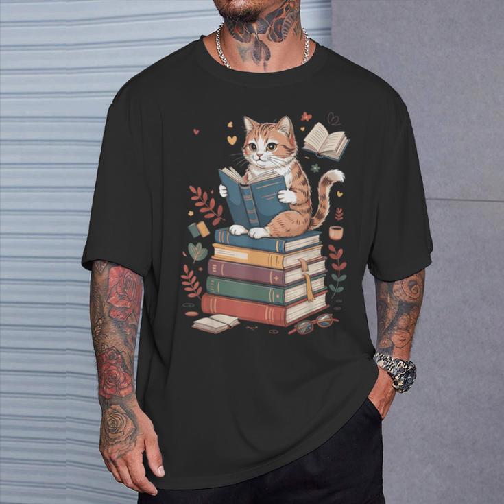 Cute Cat Reading Books With Tea T-Shirt Gifts for Him