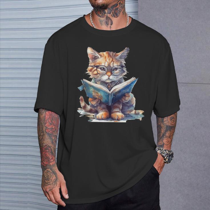Cute Cat Wearing Glasses Reading a Book T-Shirt Gifts for Him Cute Cat Wearing Glasses Reading a Book T-Shirt Gifts for Him