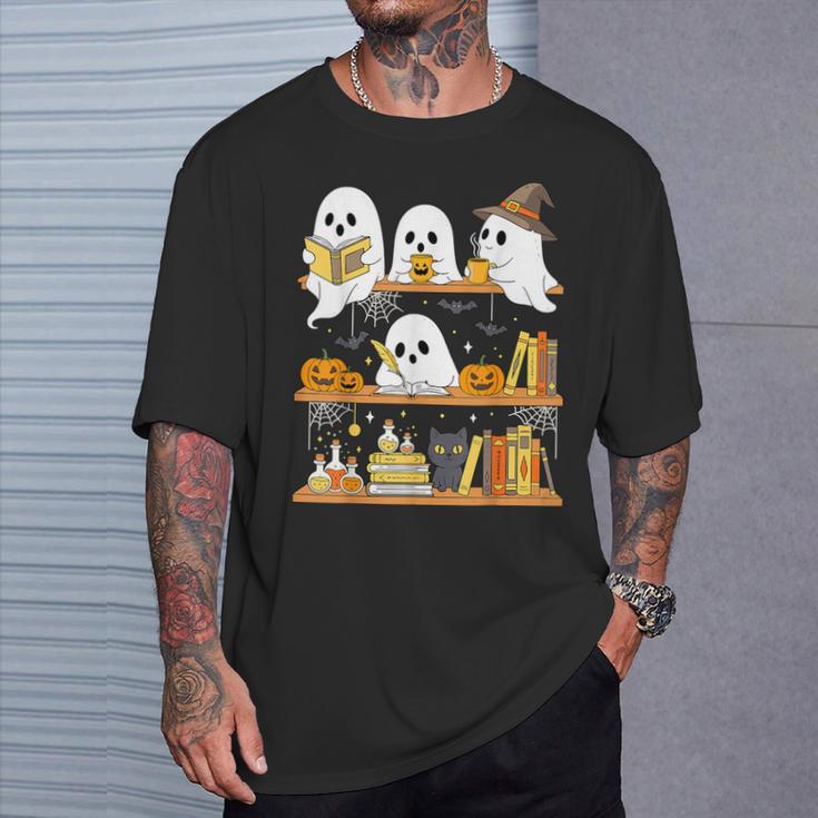 Cute Halloween Ghost Bookshelf Cat Book Lover T-Shirt Gifts for Him