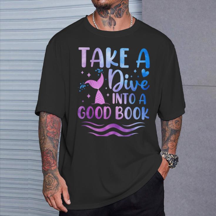 Cute Mermaid Librarian Teacher Dive Into A Good Book Reading T-Shirt Gifts for Him