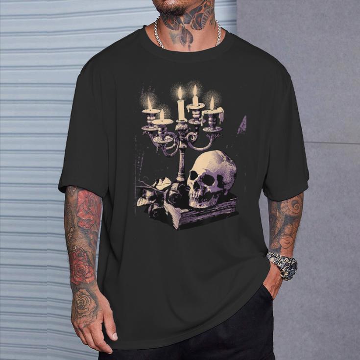 Dark Academia Aesthetic Gothic Book Candle Skull Red Rose T-Shirt Gifts for Him Dark Academia Aesthetic Gothic Book Candle Skull Red Rose T-Shirt Gifts for Him