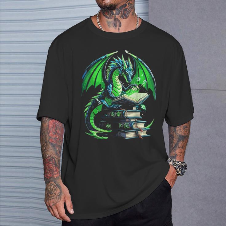 Dragon Reading Books Bookworm T-Shirt Gifts for Him