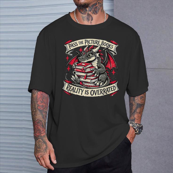 Dragon Reading Books Reality Overrated Reader Book T-Shirt Gifts for Him