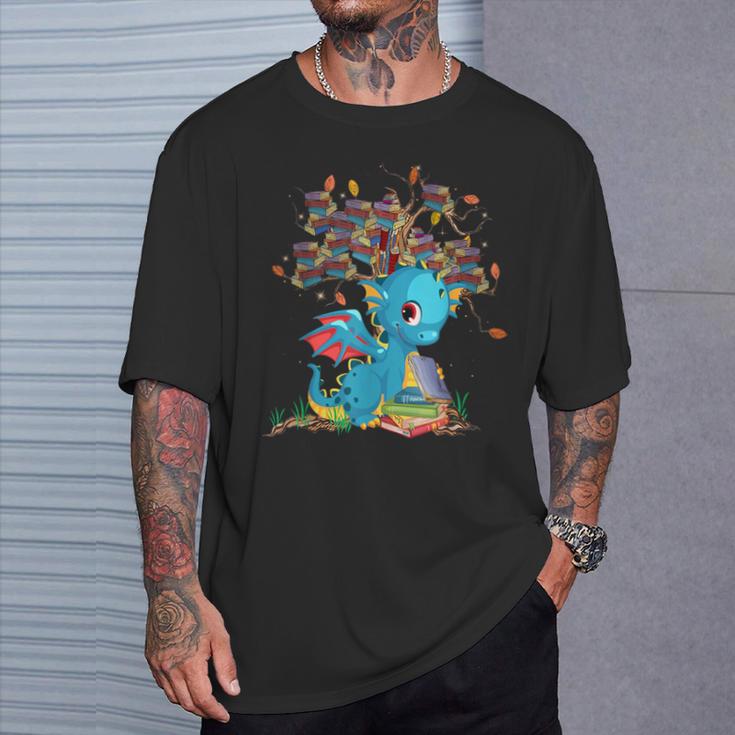 Dragon With Tree Books Cute Dragon Read Books T-Shirt Gifts for Him Dragon With Tree Books Cute Dragon Read Books T-Shirt Gifts for Him