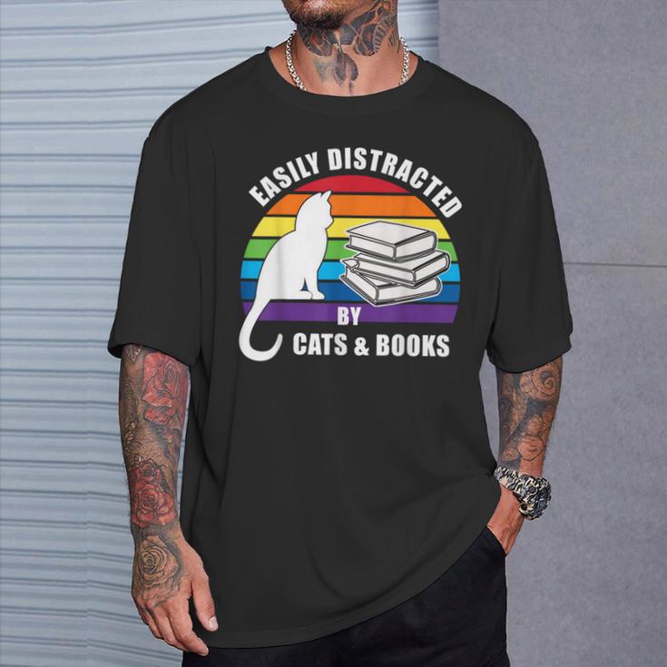 Easily Distracted By Cats And Books – Retro Sunset Rainbow T-Shirt Gifts for Him