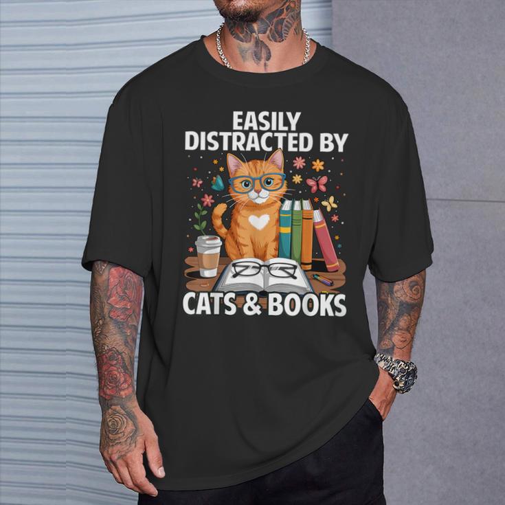 Easily Distracted By Cats And Books Book Lover Cat T-Shirt Gifts for Him