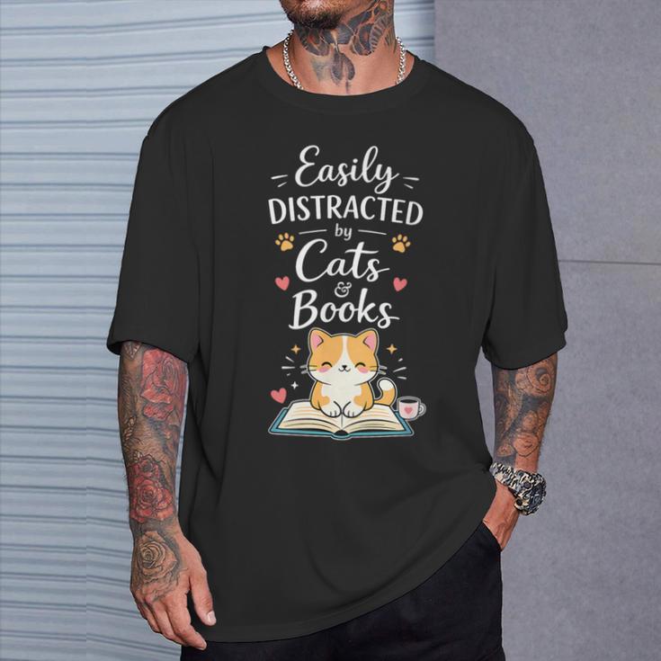 Easily Distracted By Cats And Books Cat & Book Lover T-Shirt Gifts for Him Easily Distracted By Cats And Books Cat & Book Lover T-Shirt Gifts for Him