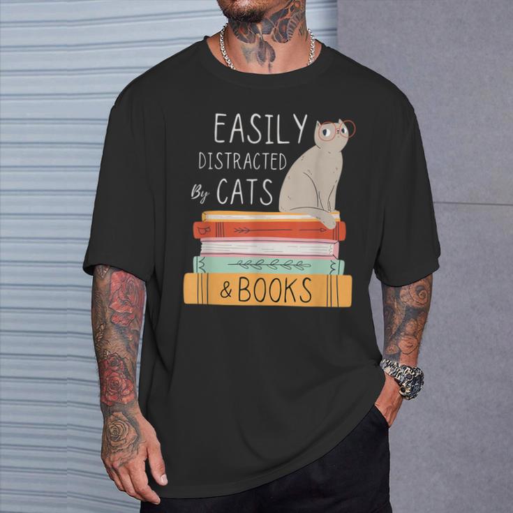 Easily Distracted Cats And Books Cat Lovers For Men Women Kids T-Shirt Gifts for Him
