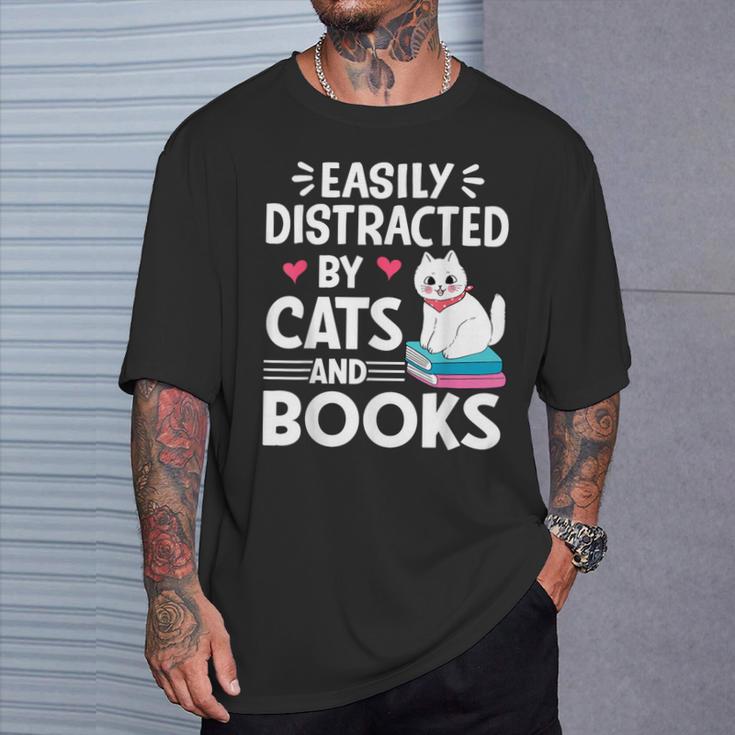 Easily Distracted By Cats And Books Cute Cat And Book Lovers T-Shirt Gifts for Him