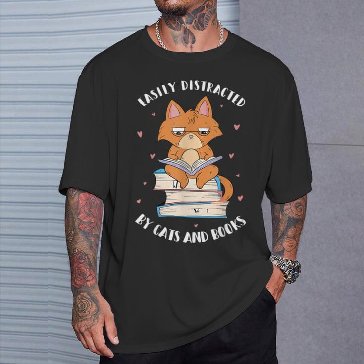 Easily Distracted By Cats And Books Shirts Book Lover T-Shirt Gifts for Him