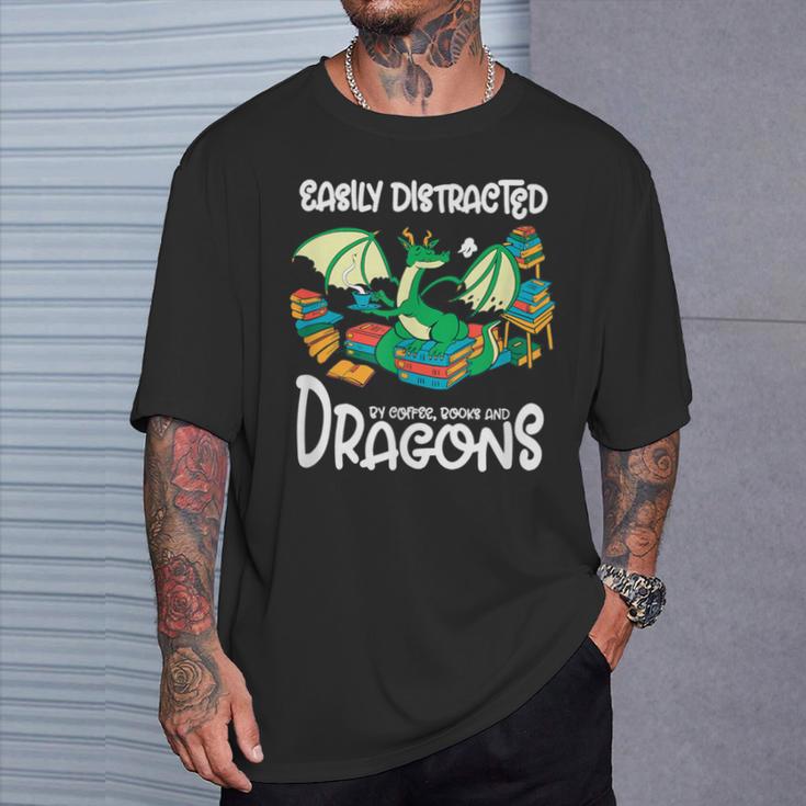 Easily Distracted By Coffee Books And Dragons Fantasy Sci-Fi T-Shirt Gifts for Him