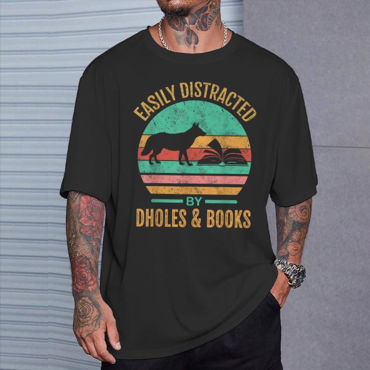 Easily Distracted By Dholes & Books Retro Wild Dogs Lover T-Shirt Gifts for Him