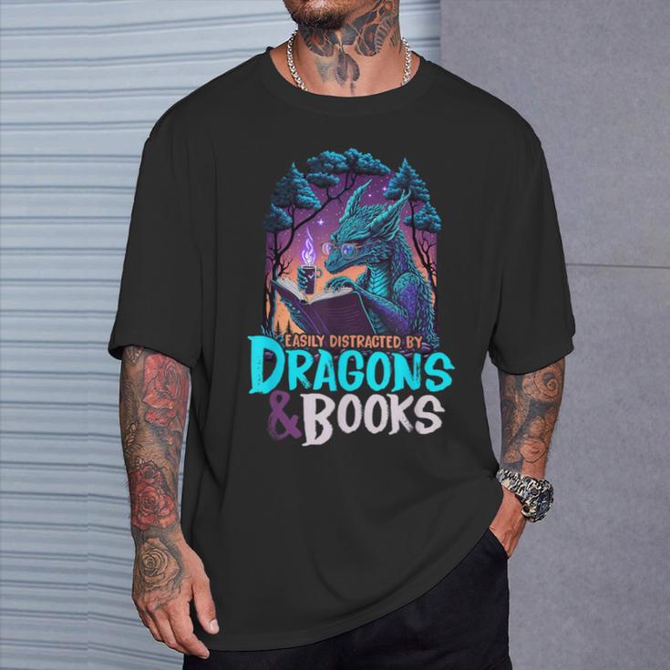 Easily Distracted By Dragon And Books For Book Lover T-Shirt Gifts for Him