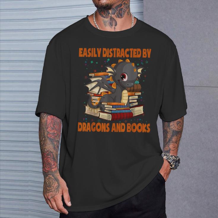 Easily Distracted By Dragon And Books Cute Dragon Read Book T-Shirt Gifts for Him