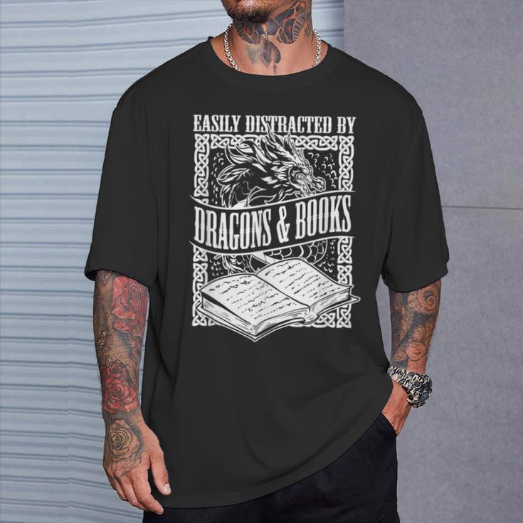 Easily Distracted By Dragons & Books Artwork T-Shirt Gifts for Him