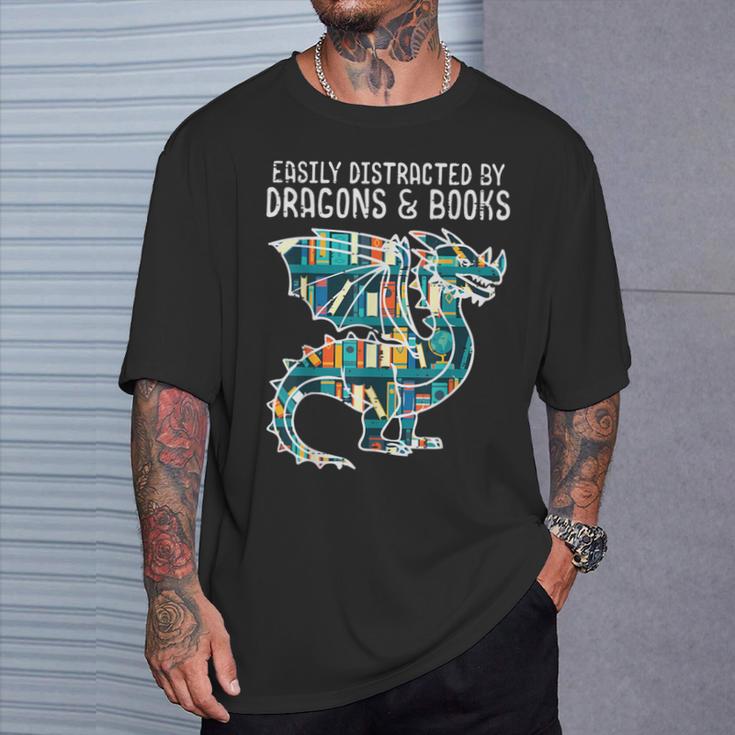 Easily Distracted By Dragons Books Bookworm T-Shirt Gifts for Him