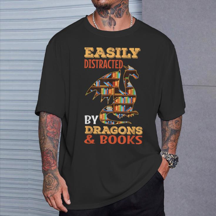 Easily Distracted By Dragons And Books Dragon Lover Mythical T-Shirt Gifts for Him