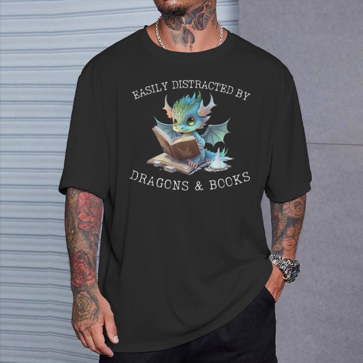 Easily Distracted By Dragons And Books Introvert Shirt T-Shirt Gifts for Him